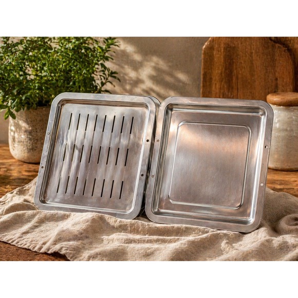Unbranded Other - Vintage Square Stainless Steel Steamer Tray Set Slotted and Solid Insert 12.5in